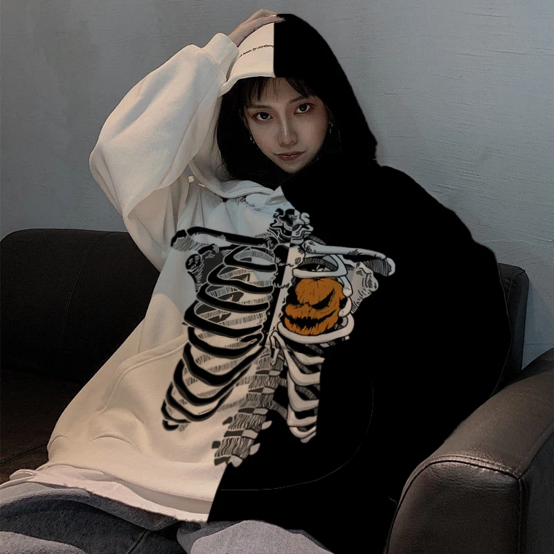 

Street Punk Pumpkin Skull Print women sweetshirts y2k Grunge Pullover Female winter Black White Splicing cotton Oversized hoodie