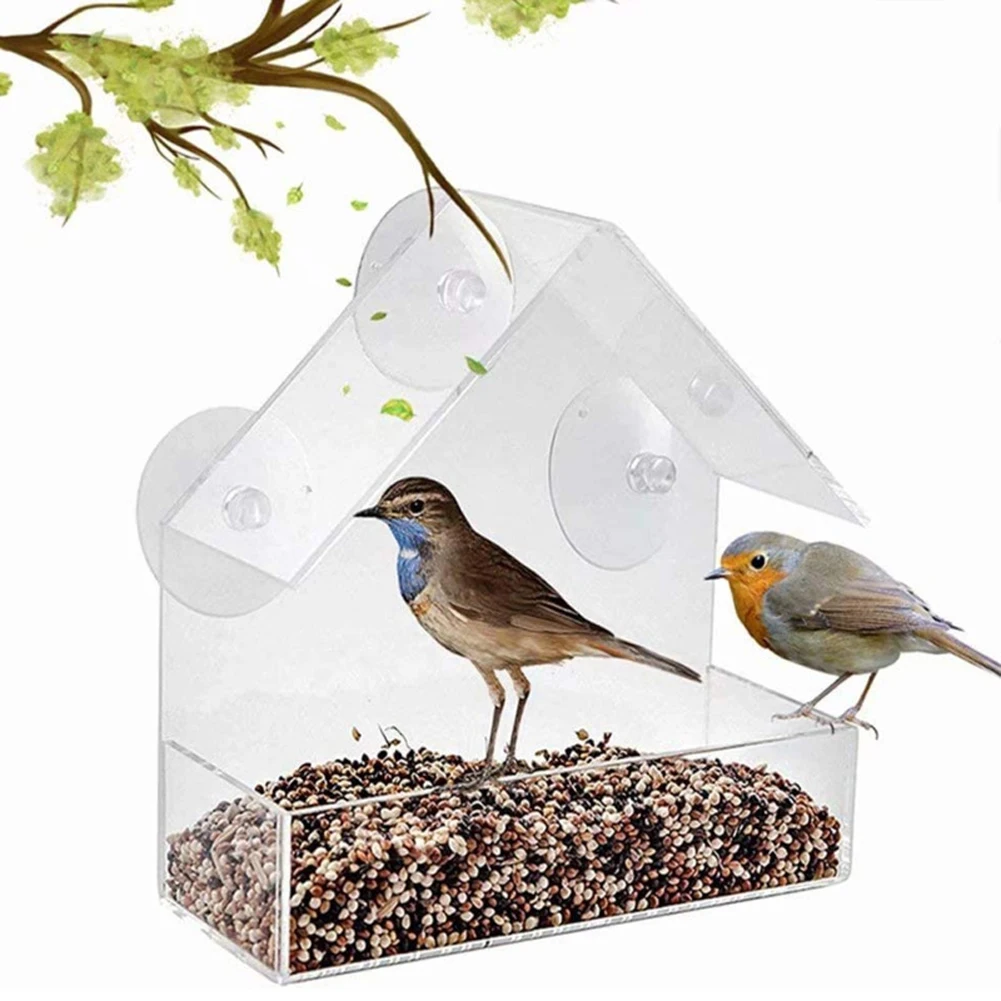 

Birdhouse Pet Water Feeder Suction Cup Mount House Type Feeder Bird Feeder Acrylic Transparent Window Viewing Bird Feeders Tray