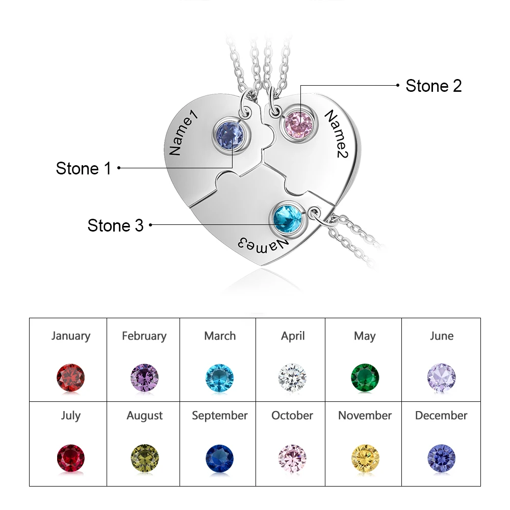 3pcs/Set Personalized Stainless Steel Heart Best Friend Necklace Customized Birthstone BFF Necklaces for 3 Friends (NE104007) | Украшения и