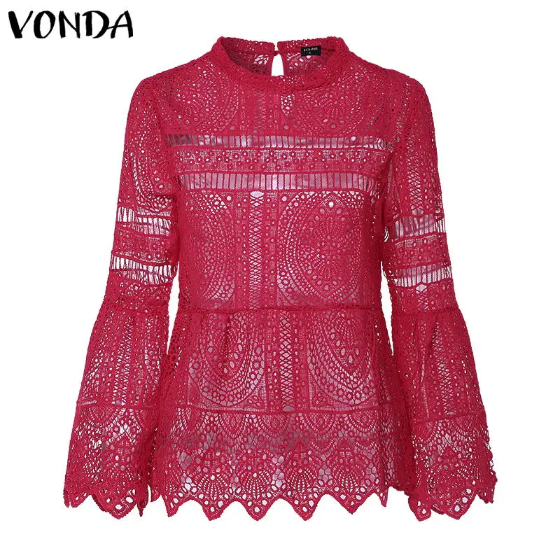 VONDA, женская сексуальная блуза с полым верхом,, повседневная, с длинным рукавом, с неровным подолом, для вечеринки, Blusas, пляжные топы, женская рубашка размера плюс, одежда - Цвет: Красный