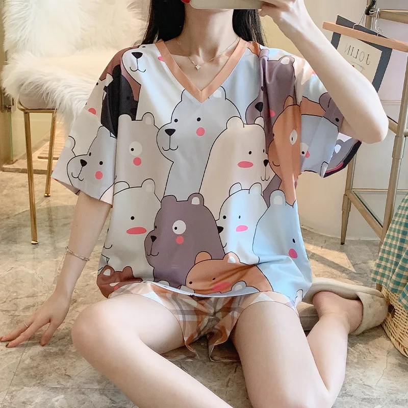 

Summer New Short-sleeved Pajamas Women's V-neck Cartoon Suit Huaer Cotton Casual Two-piece Home Service