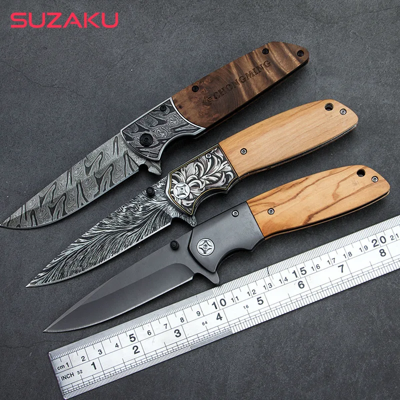 

8.2'' Damascus tactical Folding Knife Hunting Knife 440C Blade + wood handle Survival Camping Pocket Knife Outdoor Knife Tools