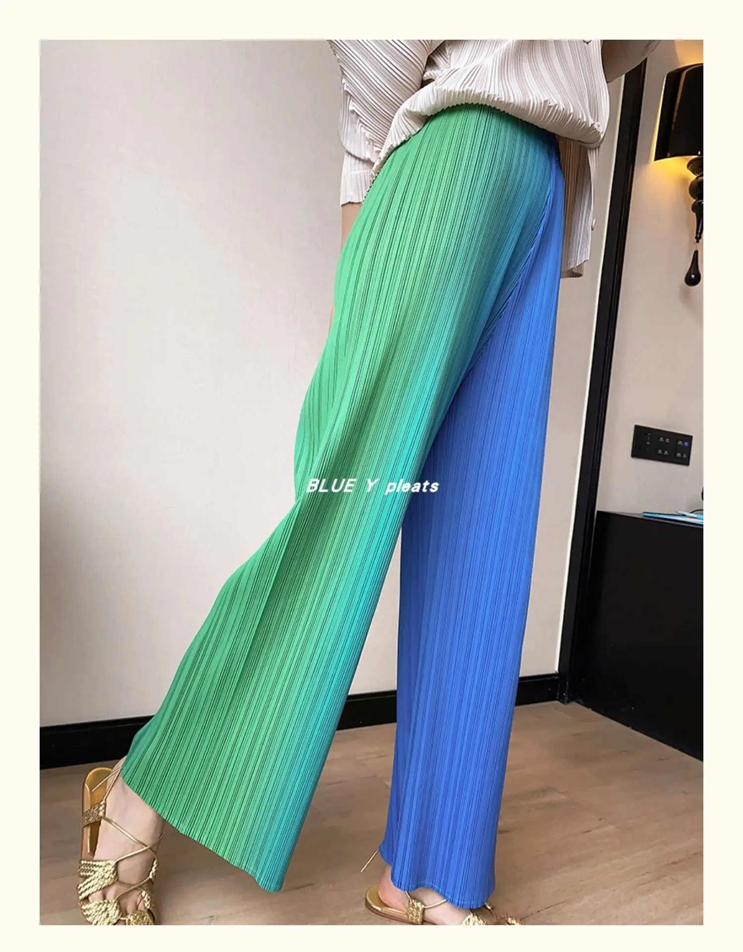 HOT SELLING miyake Fashion  pleated Medieval rainbow gradient straight-leg pants IN STOCK