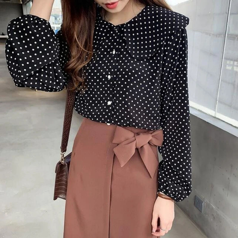 Women Elegant Blouse Long Sleeve Top Cartoon Dot Print Vintage Blouses Doll Collar Single-breasted Loose Clothing #25 | Женская одежда