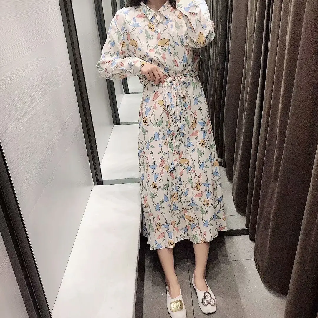 Женская одежда 2019 Цветочные лацканы печати галстук платье женское роковой Vestidos De