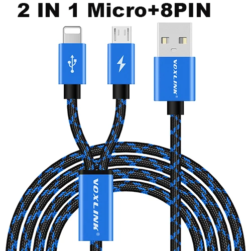 VOXLINK 2 в 1 USB кабель Micro 8Pin usb кабель для зарядки и передачи данных для iPhone x 8 8plus 6 6s samsung htc huawei Xiaomi USB TypeC кабель - Цвет: Blue Micro 8pin