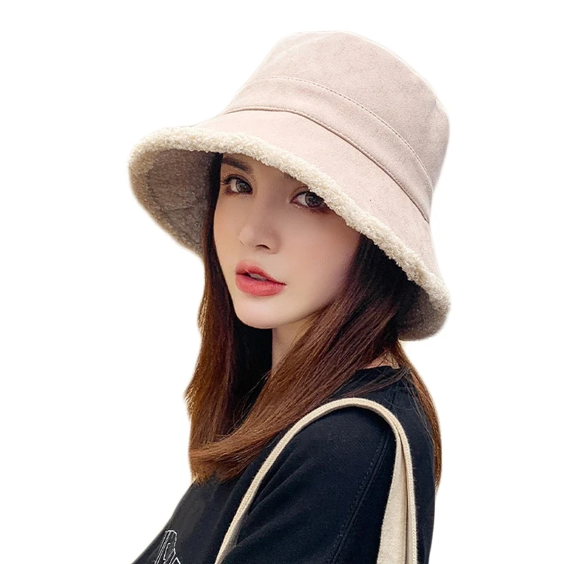 

Women Winter Reversible Double Sided Bucket Hat Solid Color Thick Faux Fleece Wide Brim Sunscreen Packable Fisherman Cap