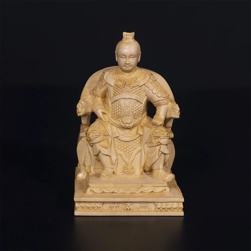 

10cm Nezha Boxwood Sculpture Decoration Marshal of the Central Altar Feng Shui Wood Statue Third Lotus Prince Home Decor