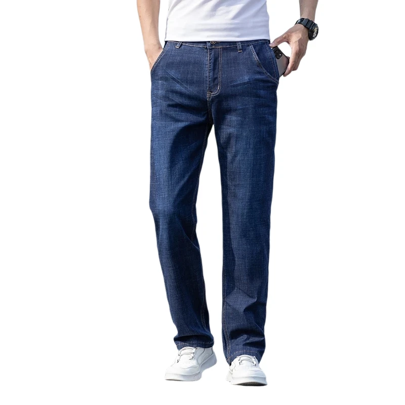 

2021 Summer Classic Style Zipper Anti-theft Pocket Lightweight Jeans Cotton Stretch Loose Straight Men's Thin Brand Jeans