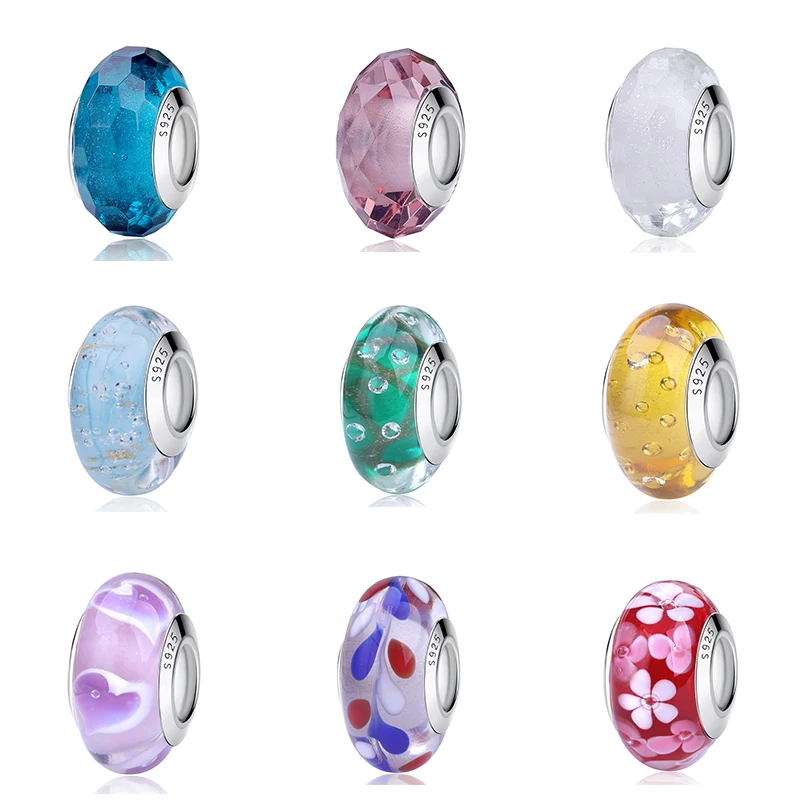 New Original 100% 925 Sterling Silver Glass Bead Murano Colorful Heart Flower Charms Fit Pandora Bracelet DIY Women Jewelry