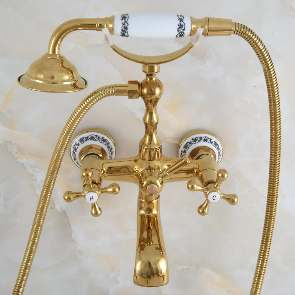 

Gold Color Brass Double Cross Handles Wall Mounted Bathroom Clawfoot Bathtub Tub Faucet Mixer Tap With Hand Shower ana849