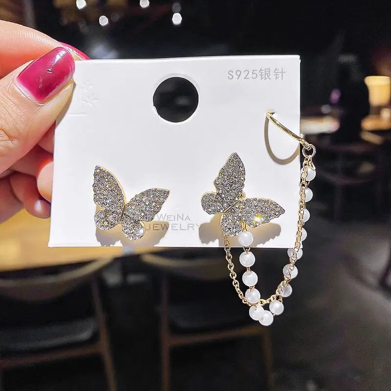 

Elegant Cute Rhinestone Butterfly Stud Earrings For Women Girls Korean Fashion Metal Chain Jewelry Gifts