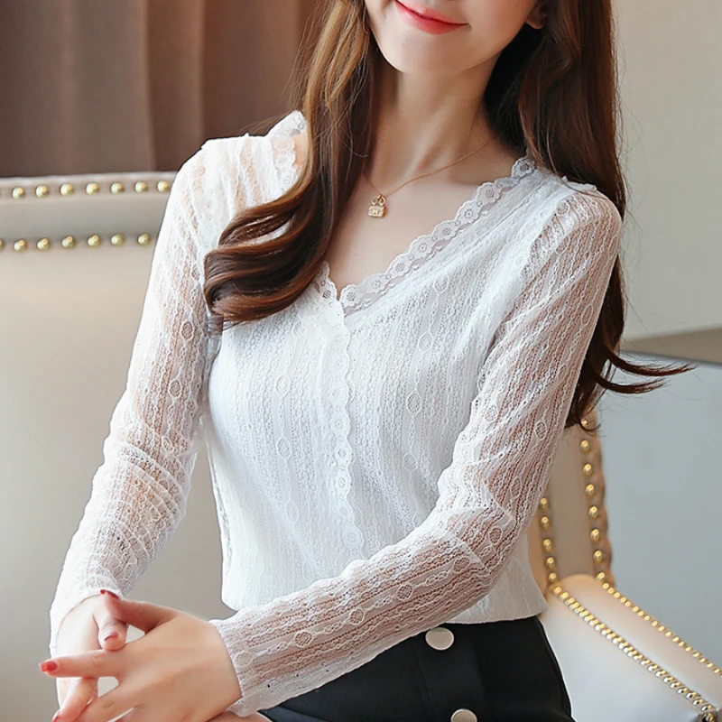 

Blouses Woman 2021 Fashion Autumn Long Sleeve White Blouse Women Shirts V-neck Hollow Lace Blouse Womens Tops And Blouses B909