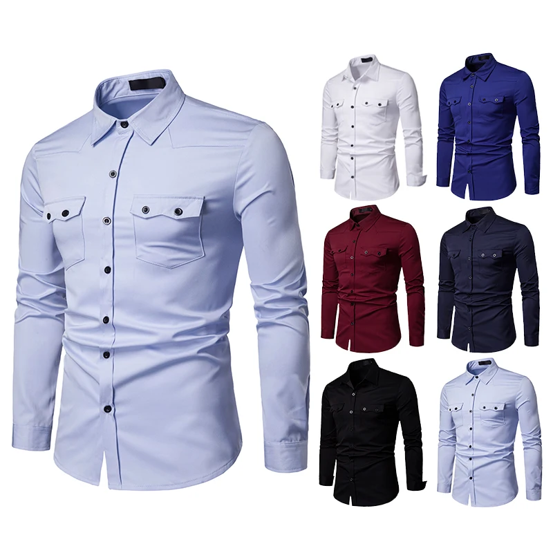 

Spring New Shirt Men Long Sleeve multi-pocket Lapel Casual Shirt Petticoat Solid Color Business Shirt Men Brand Clothing