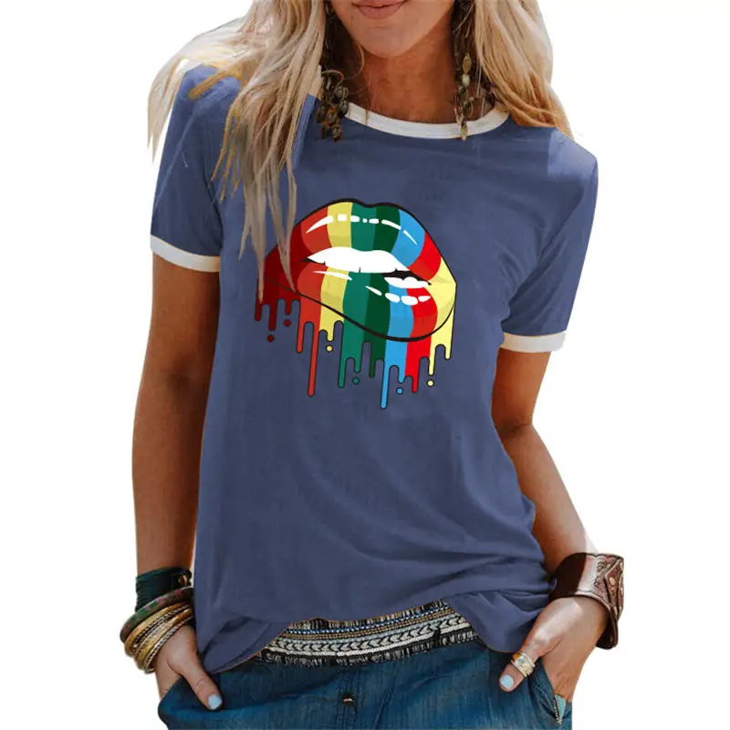 

Women Sexy Colourful Lips Mouth Ladies Streetwear Trendy Short Sleeve Tee Top Hipster Summer Aesthetic Soft Crew Neck T-Shirt