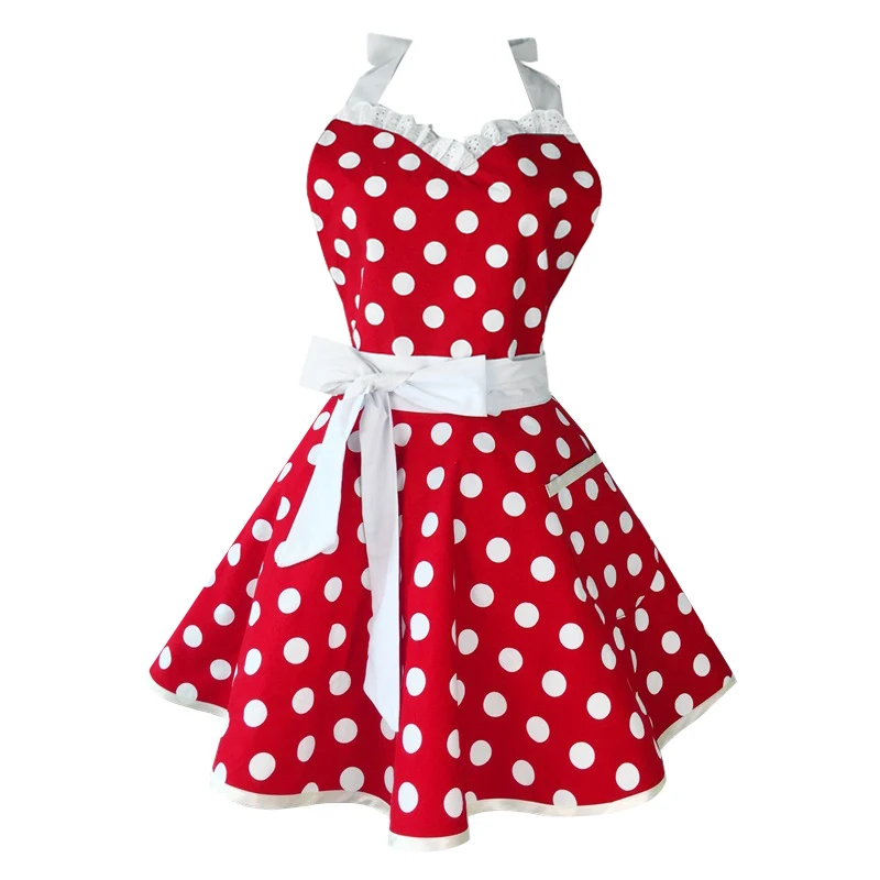 

NEW-Lovely Sweetheart Red Retro Kitchen Aprons Woman Girl Cotton Polka Dot Cooking Salon Vintage Apron Dress Christmas