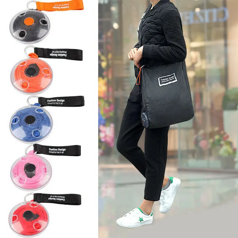 

New Reusable Foldable Handbag Supermarket Shopping Bag Eco Pouch Fold Away Ladies Clip Tote with Carabiner Shopping Bag