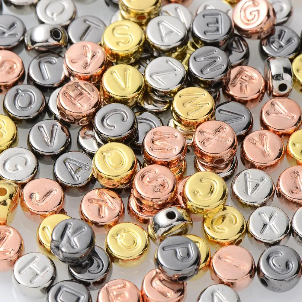 

100Pcs 4*7mm Mixed Letter Acrylic Beads Golden Silver Alphabet Round Flat Loose Beads For Jewelry Making Handmade DIY Bracelet