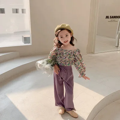 

2021 Spring New Girls Floral Blouse Suit Baby Girl Clothes Baby Blouse Pants Two-piece Lady Suit Korean Style Toddler Outwear