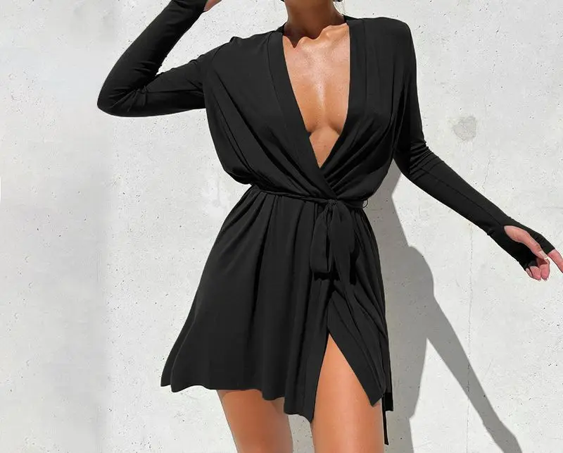 

2022 Spring Women's Short Dress Sexy Long Sleeve V-neck Lace Up Black Dresses Female Fashion Streetwear Party Clothes Ladies