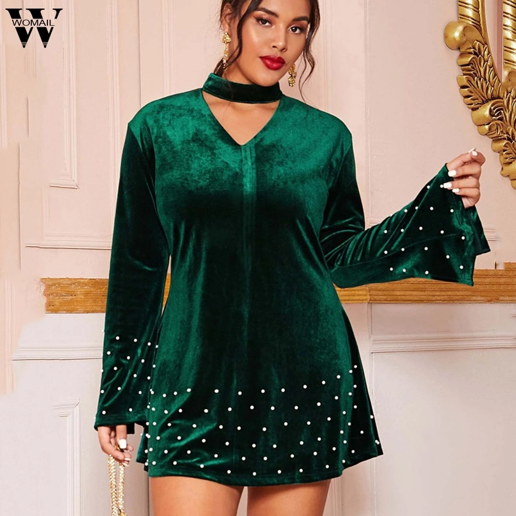 Womail осенне зимнее женское платье с воротником чокером размера плюс бархатное
