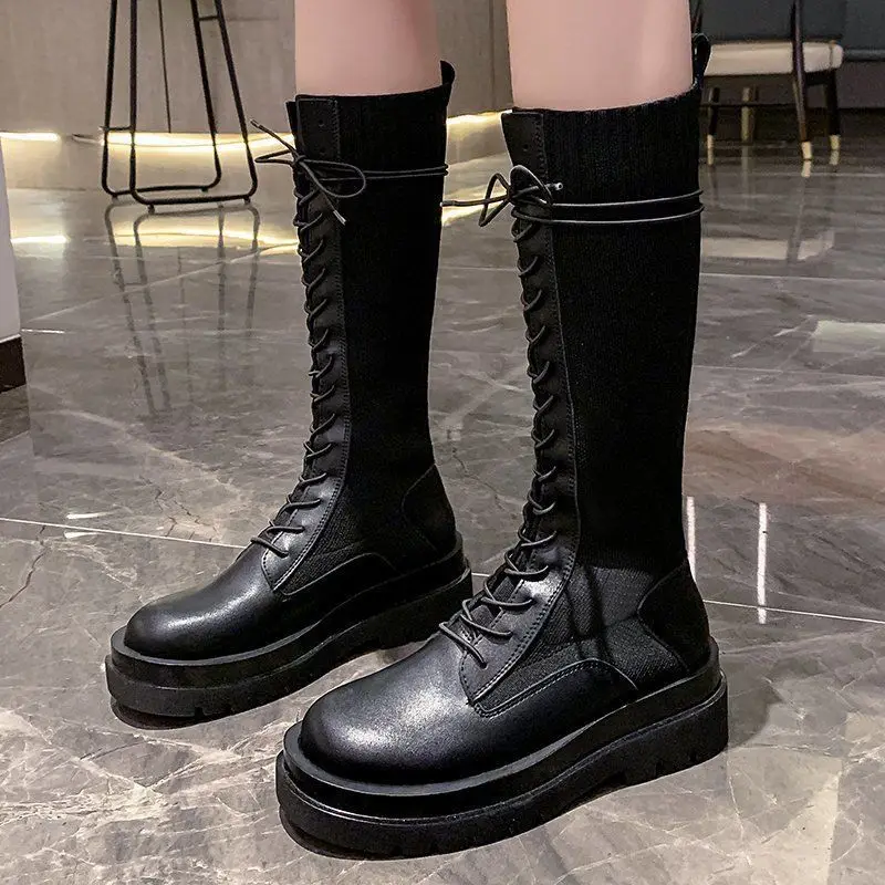 

Women Mid Calf Boots Thick Platform Lace Up Sock Shoes Female Stretch Knitted Boot Fashion Ladies Shoe 2021 Autumn Winter