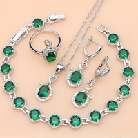 real silver 925 jewelry sets for women green emerald birthstone simple office long earrings bracelet necklace set gift for her