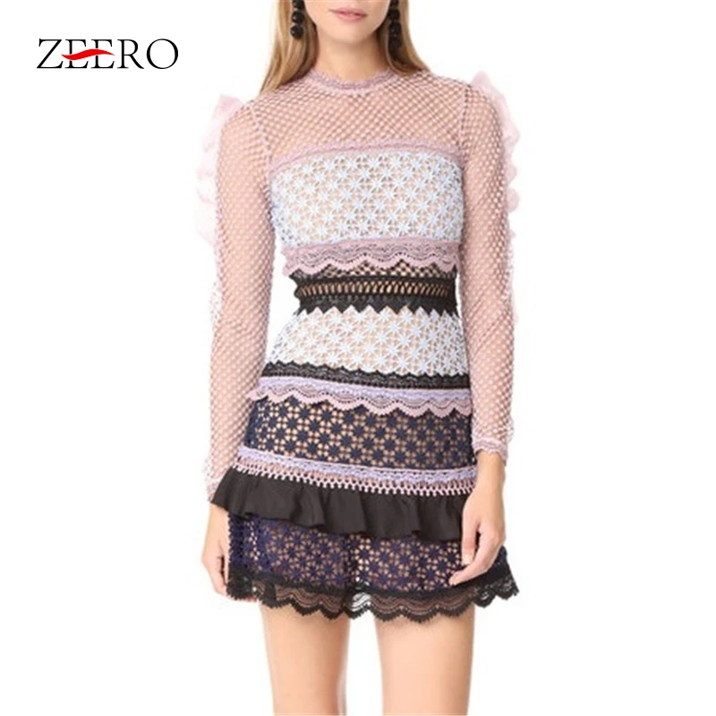 Женское кружевное платье с длинным рукавом модельное винтажное мини цветочным