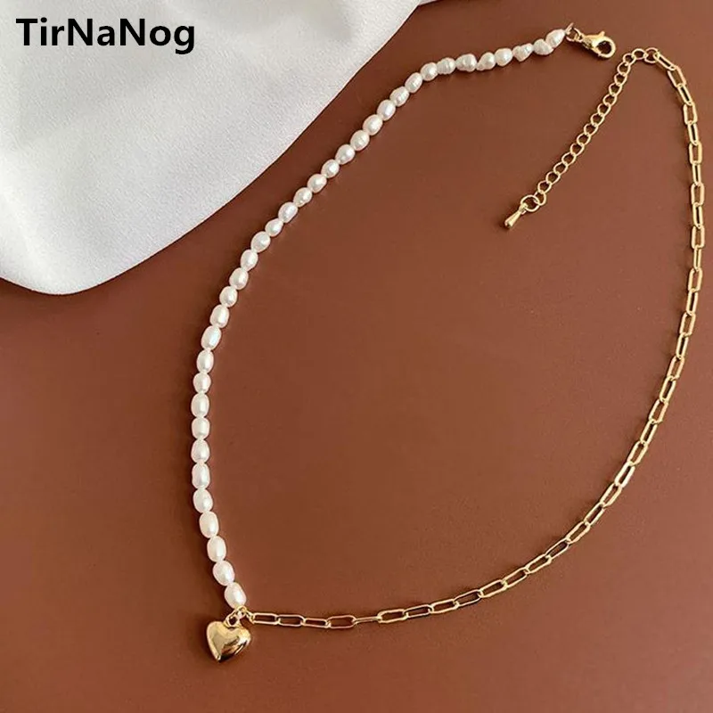 

French Baroque Freshwater Pearl Necklace Of Contracted Geometric Splicing Chain Heart-shaped Pendant Chain Of Clavicle