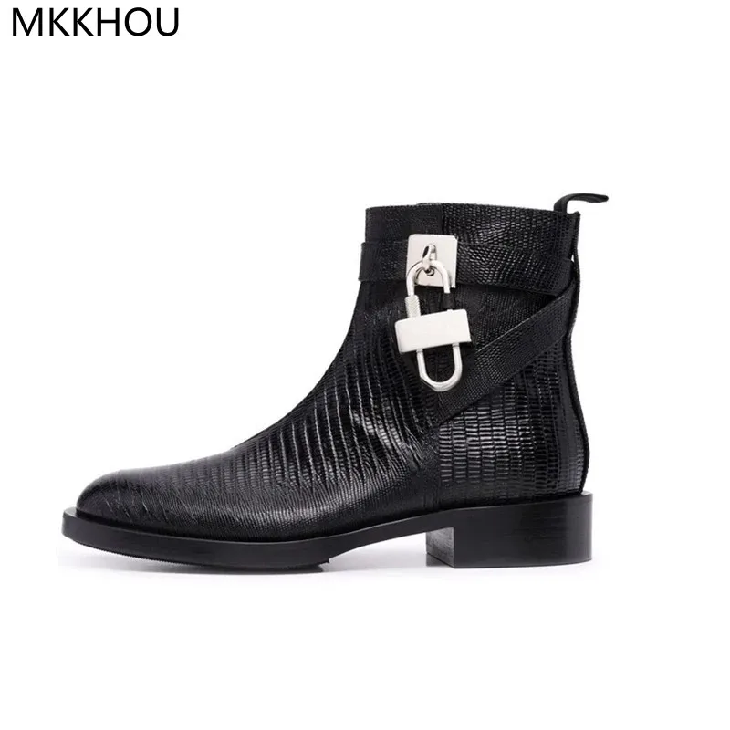 

MKKHOU Fashion Short Boots Women New Neutral Crocodile Pattern Round Toe Mid-Heel Leather Boots Ladies Lock Boots Ankle Boots