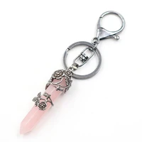 fyjs unique silver plated circle lobster clasp flower wrap natural rose pink quartz hexagon column key chain for women jewelry