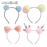 ncmama cute solid panda ears hair bands for girls kids colorful fluffy pompom ball unicorn headband fashion hair accessories
