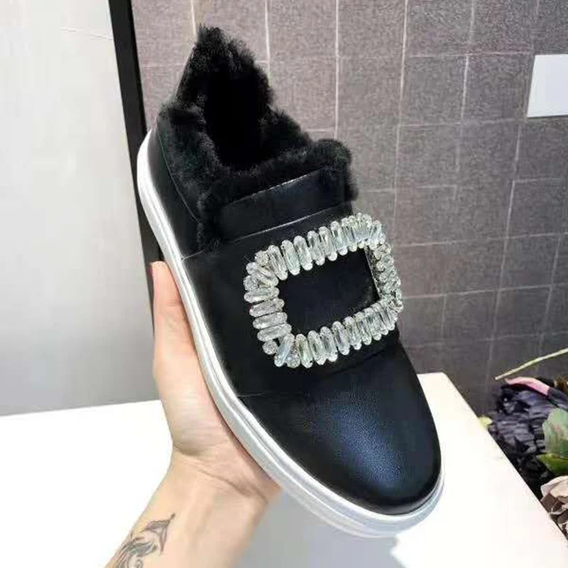 

vallu2020 winter new big diamond buckle full leather fashion all-match shallow mouth wool lining flat women's shoes