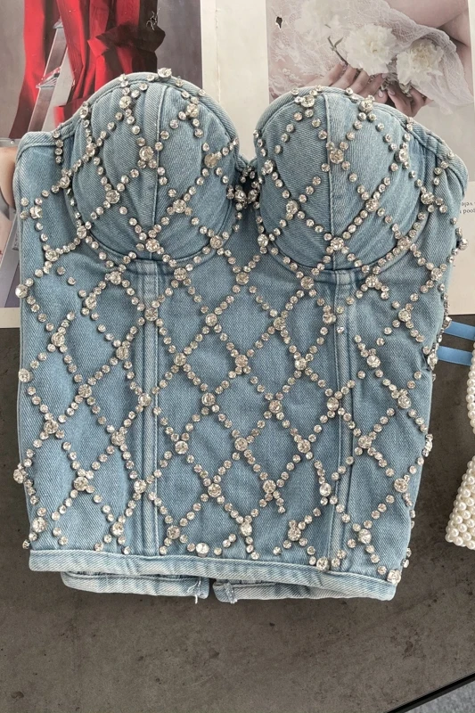 

Womens tops cropped denim camis for women corset tube top woman built in bra sequins off shoulder sleevelessn hot jeans tee