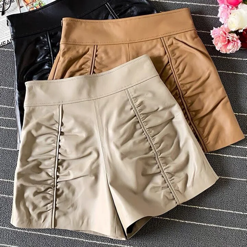 Stylish Female Sheepskin High Waist Fold Shorts Women Korean Fashion A-line Bodycon Thin Boots Pants Mujer Khaki Leggings Street