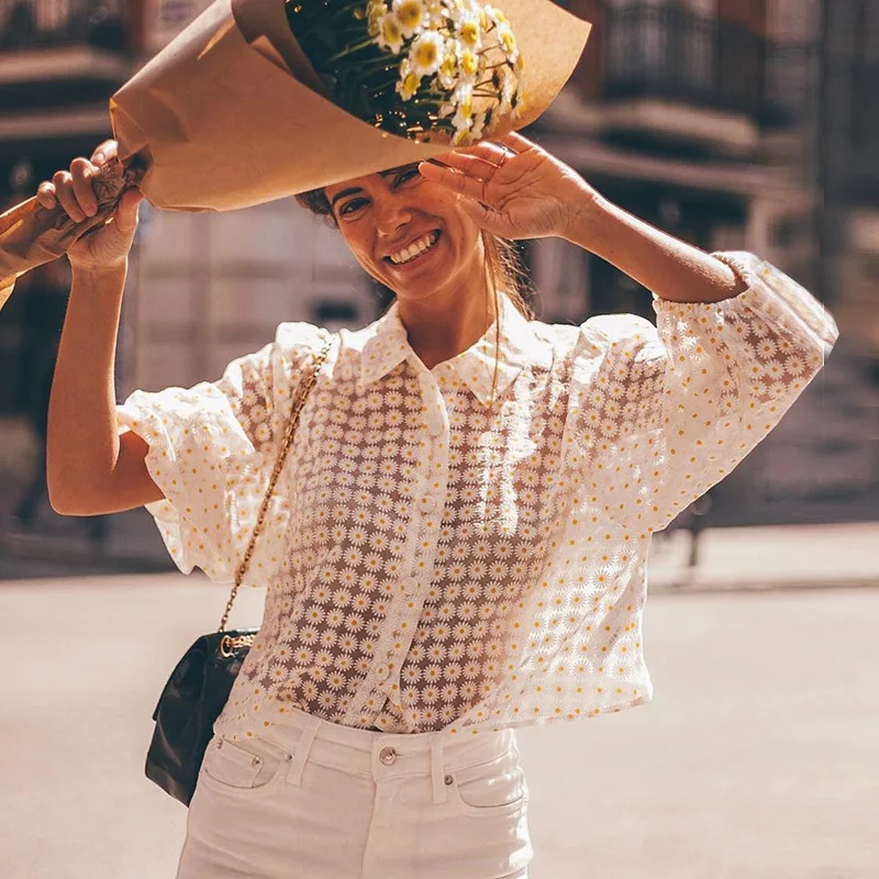 Винтажная рубашка с отворотом и длинным рукавом прозрачная принтом блузка топы