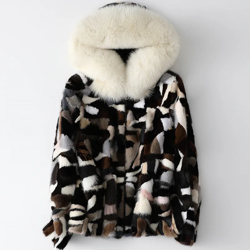 Autumn Winter New Multicolour Fox Fur Collar Hooded Mink Coat Women Mink Fur Grass Jacket Printed  Zipper Splicing Soft Outwear