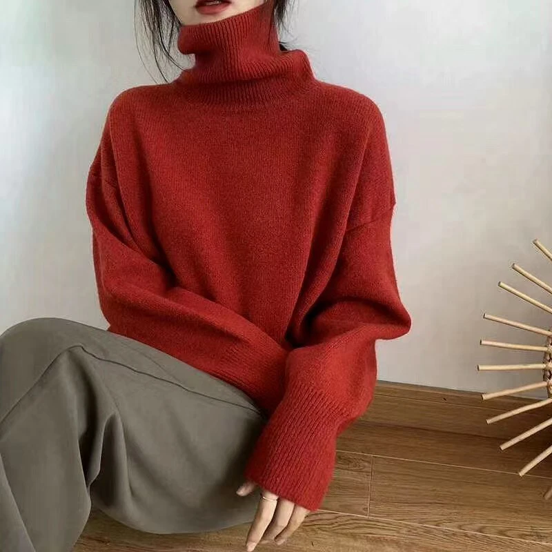 

Turtleneck Cashmere Sweater Women Korean Style Oversized Knitted Pullovers Autumn Winter Casual Loose Solid Jumpers Sweater 2021
