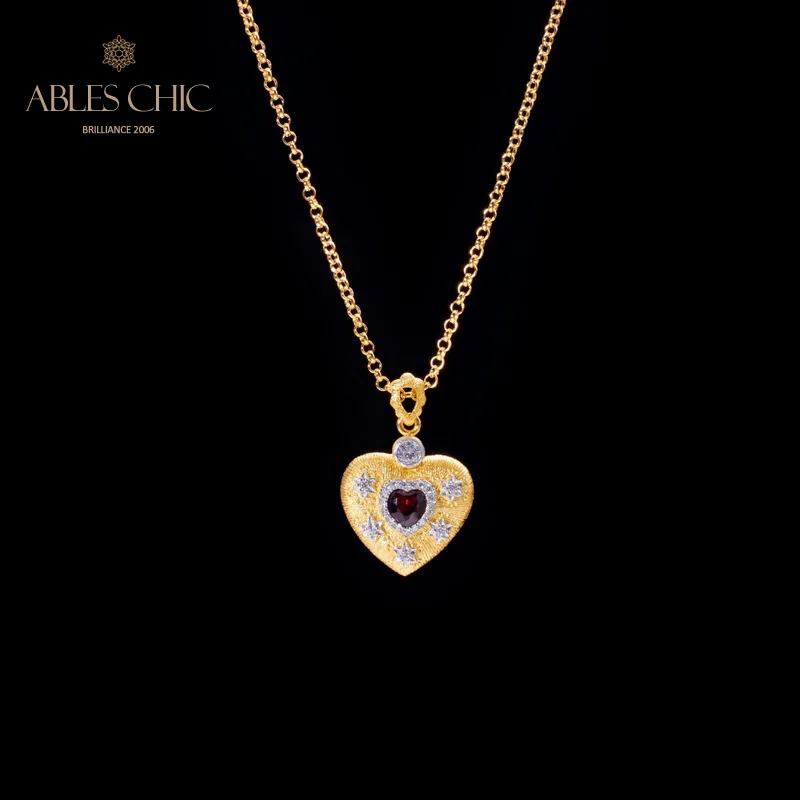 Solid 925 Silver Fabric Pattern Heart Charm Pendant 18K Gold Tone Ruby Gemstone Zircon Wedding Necklace C11N3S25849