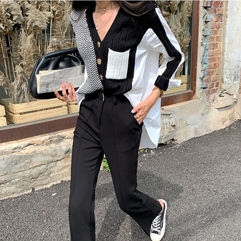 

Women's sweater fall suit irregular shirt patchwork sweater cardigan sweater jacket Korean version sweater thin jacket loose-fit