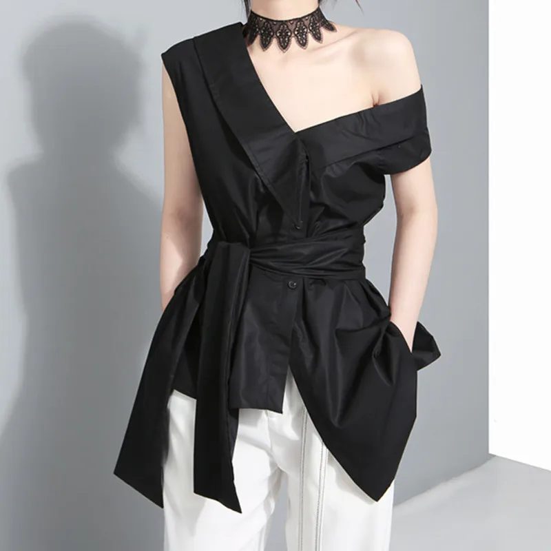 

Свободная и Асимметричная рубашка XUXI с переплетением полосы пропускания, пикантная модная летняя рубашка без бретелек с короткими рукавам...