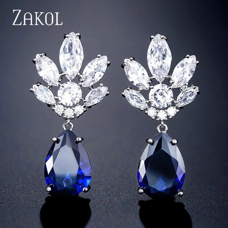 Blue ZAKOL, модные серьги с кубическим цирконием и цветами в виде капель воды, свадебные украшения, висячие серьги для женщин, подарок на свадьбу, ужин, день рождения, FSEP2333 - Окраска металла: Blue