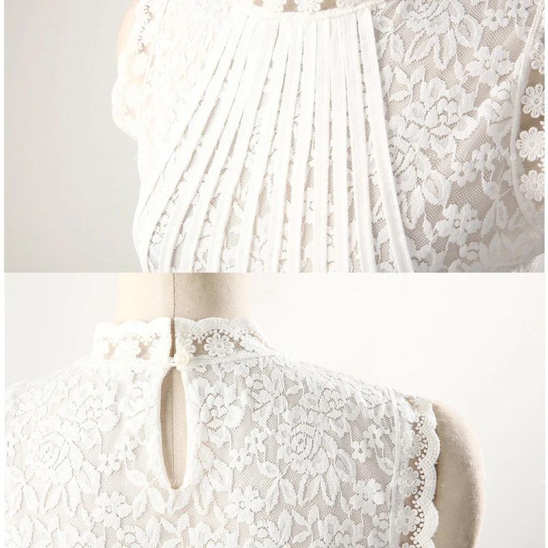 

Women Office Lady Lace Blouse Summer Autumn Sleeveless White Blouse Femme Stand Collar Work Wear Tops Blusas Verano Mujer 2021