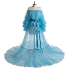 Тюлевое платье для беременных, светло-голубое, с открытым плечом, прозрачное, с длинными рукавами