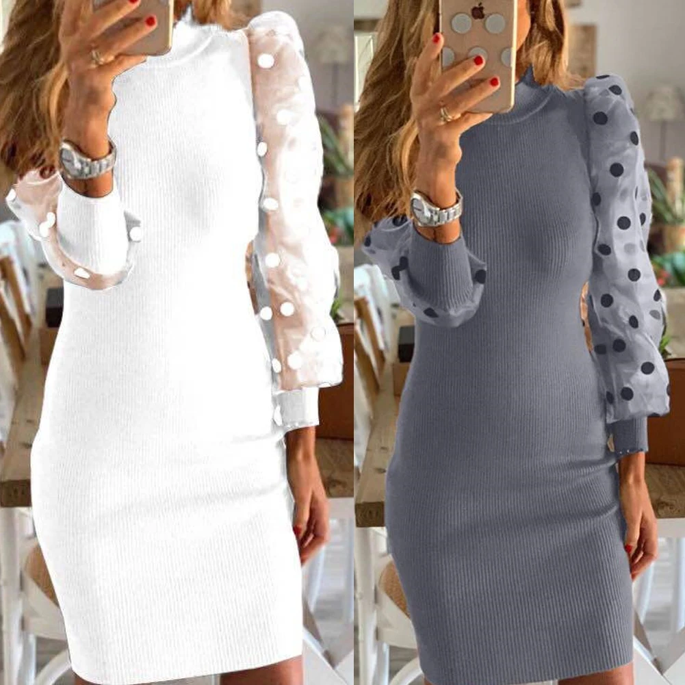 

Women's Knit Bodycon Sweater Dress Long Puff Sleeve Long Jumper Pencil Dresses 2020 New Ladies Casual Dress Winter Dress hot