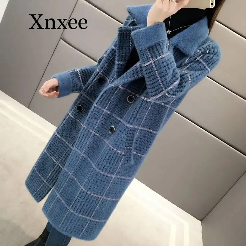 

Imitation water jacket jacket female long section autumn and winter loose plaid jacket