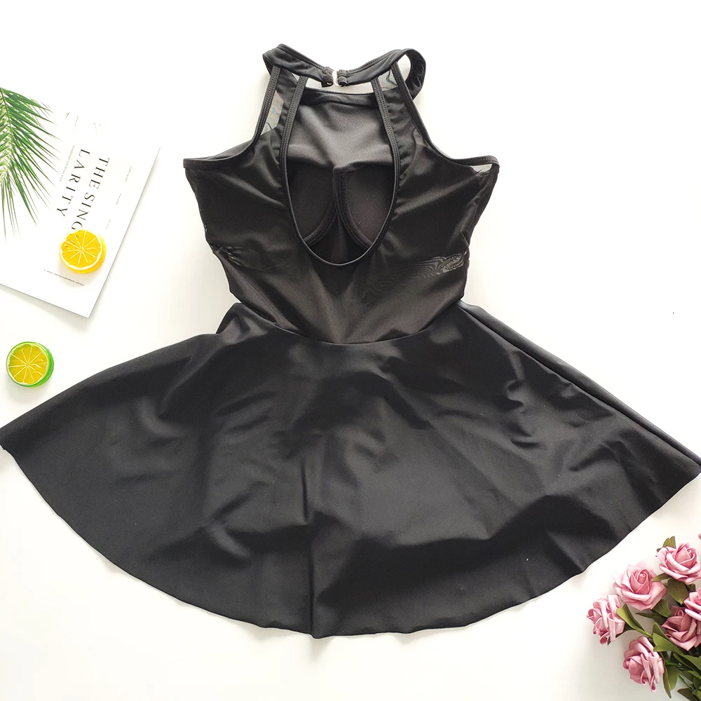 Black Swimsuit Women Summer 2019 High Neck One-piece Swimwear Female Skirt Bathing Suit Padded Push Up Slimming Korean Swimdress
