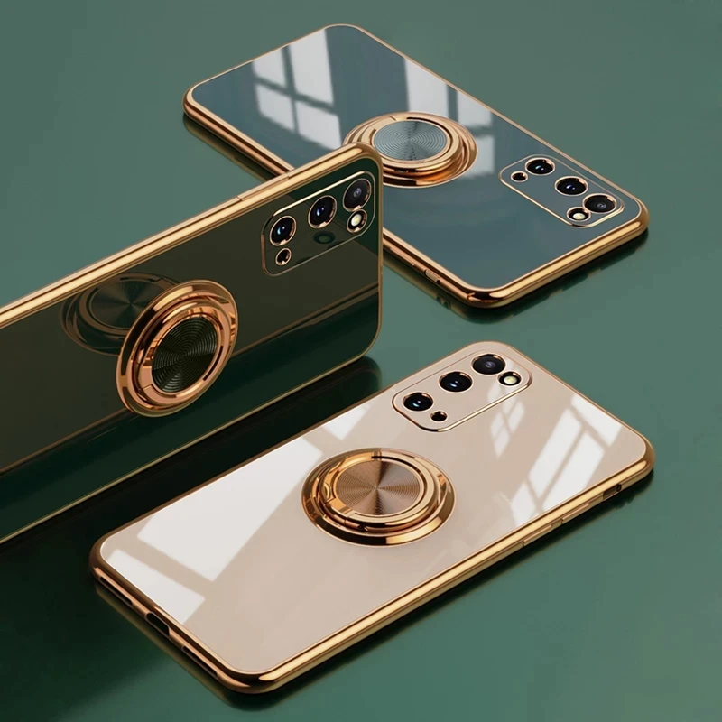 

Luxury Plating Silicone Case for IPhone 12 11 Pro Xs Max Mini SE X XR 7 8 Plus Plain Metal Ring Holder Stand Soft Phone Cover
