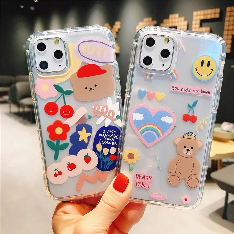 

Cartoon Painted Bear Phone Case for Iphone 11 12 Pro Max 12 Mini XS Max XR X XS 7 8 Plus 6 6s Plus Cherry Flower Pattern Cover
