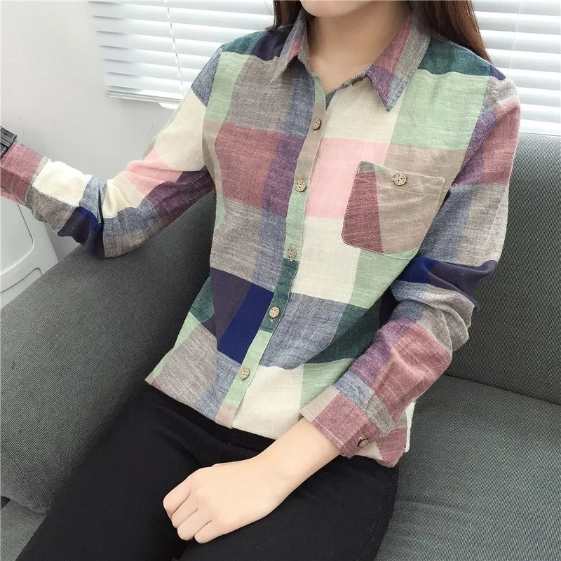 Для женщин блузки отложной воротник рубашки в клетку рубашка с длинными рукавами